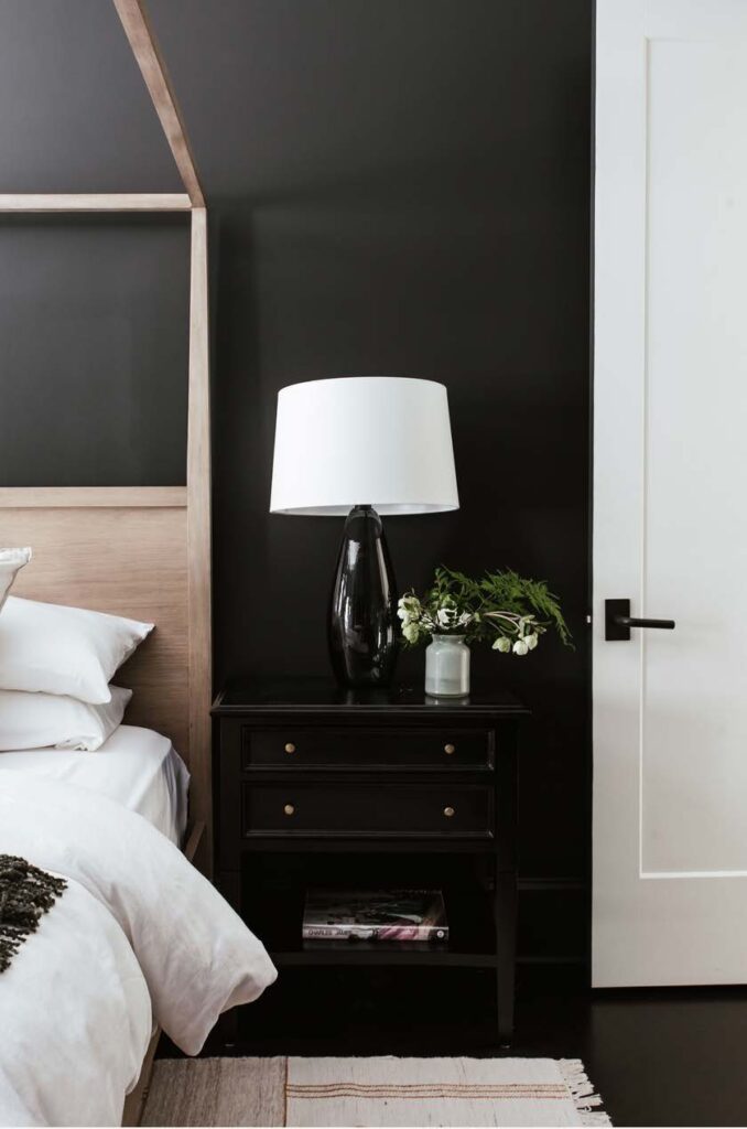 primary suite black nightstand against black wall