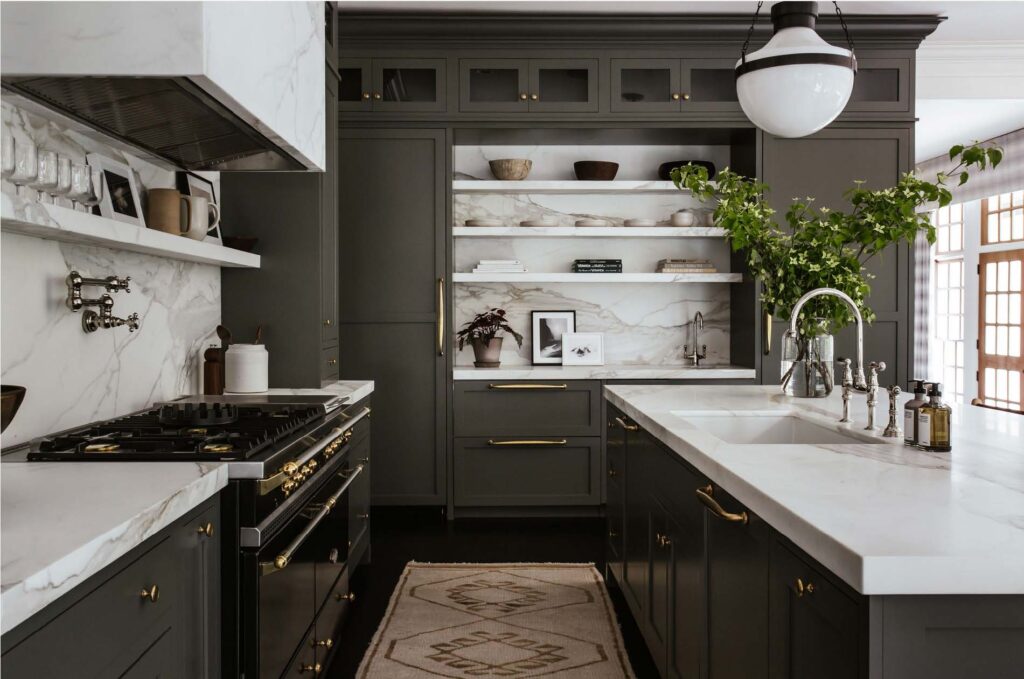 country club main kitchen, grey cabinets and marble countertops